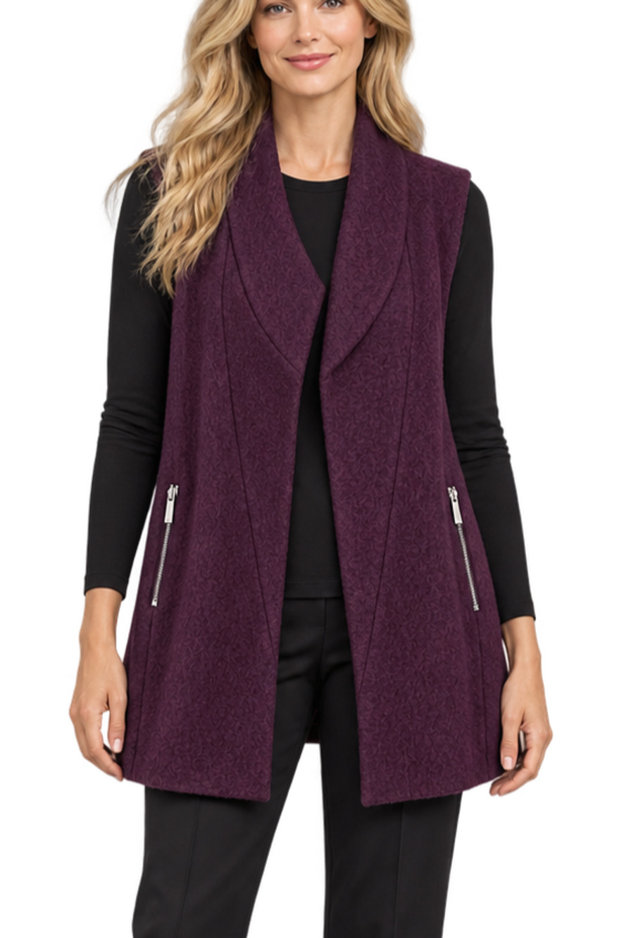 Chico's M Plum Purple 100% Wool Long Vest Open Front Zip Pockets Lined Lagenlook
